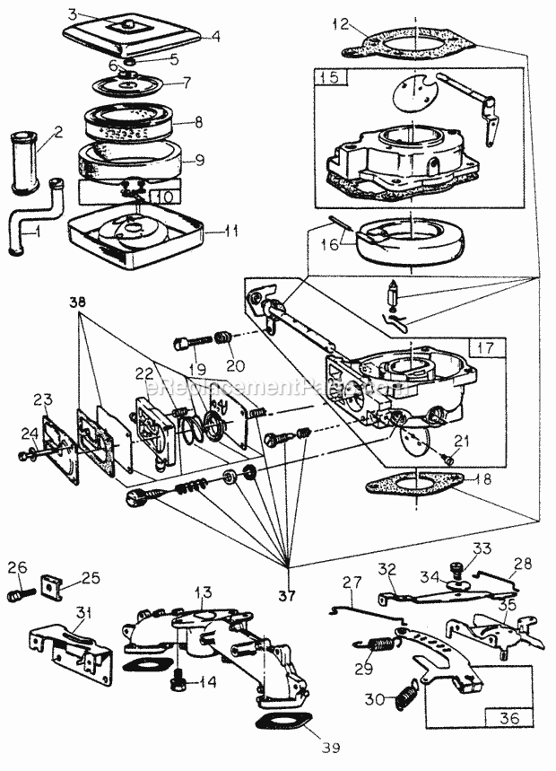 Air Cleaner, Carburetor & Governor Diagram and Parts List for 1604 2050598U, 144-582-399, 145-582-399, 142-582-3 Cub Cadet Lawn Tractor